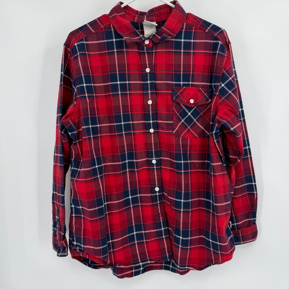 The North Face Button Up Shirt Womens Large Red Plaid Flannel Long Sleeve Pocket - Picture 2 of 6